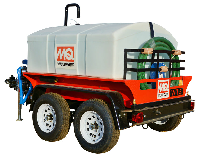 The WT5C (surge brakes) & WTE5C (electric brakes) are industrial 525 Gal. Mobile Water Trailers with trusted MQ 2” Centrifugal Pumps